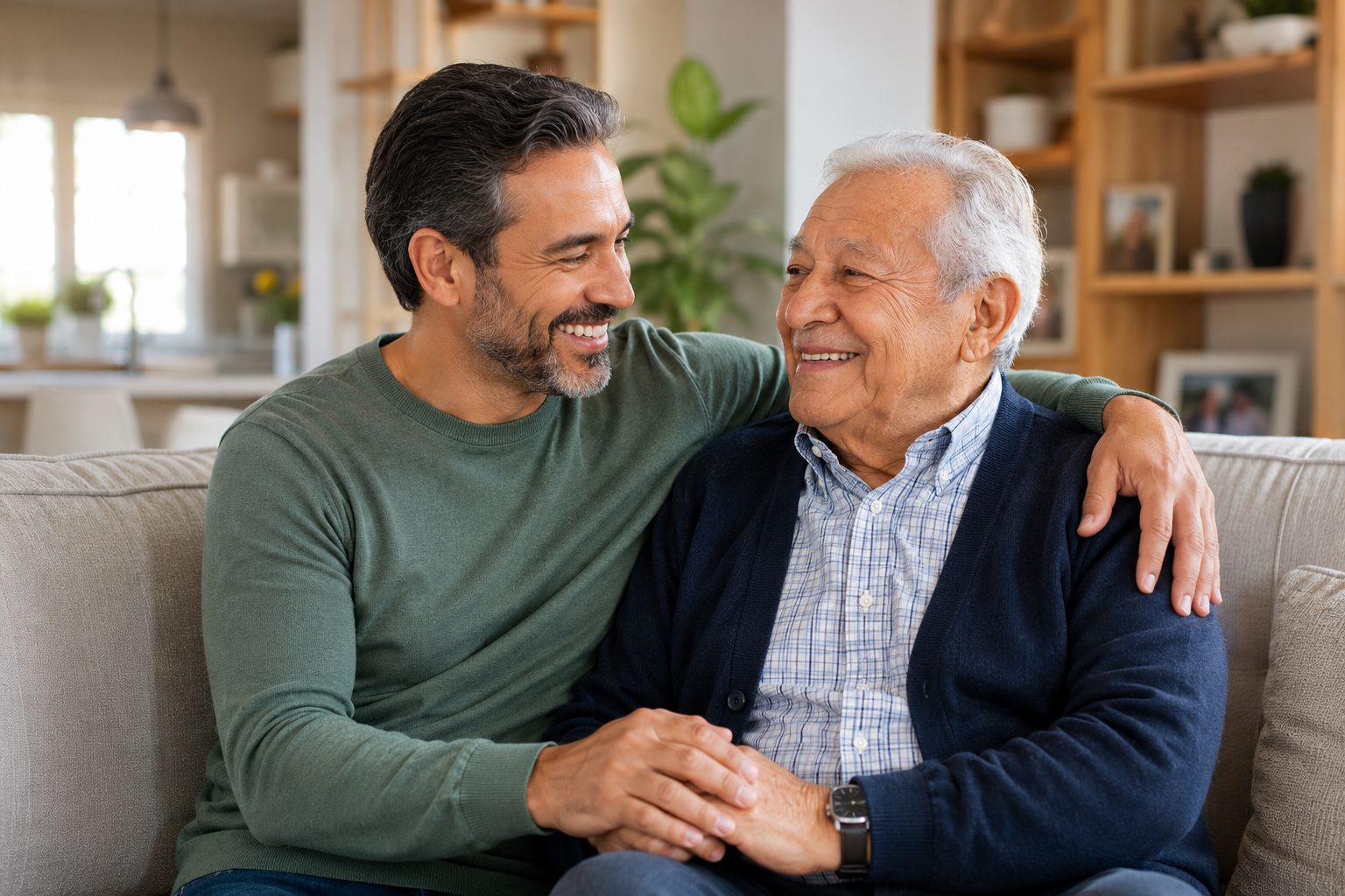 An adult son and his father smiling together on the couch at home