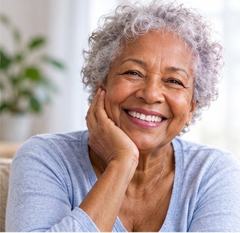 A smiling older woman relaxing at home